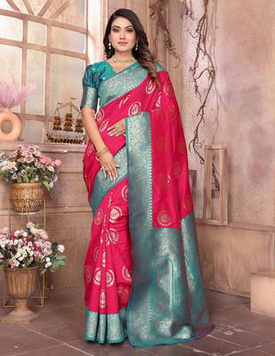 hot pink soft silk blend banarasi zari woven saree 1