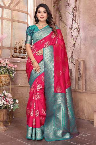 hot pink soft silk blend banarasi zari woven saree