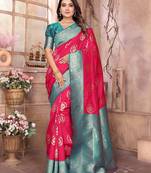 hot pink soft silk blend banarasi zari woven saree