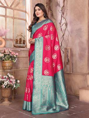 hot pink soft silk blend banarasi zari woven saree 3