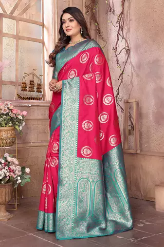 hot pink soft silk blend banarasi zari woven saree