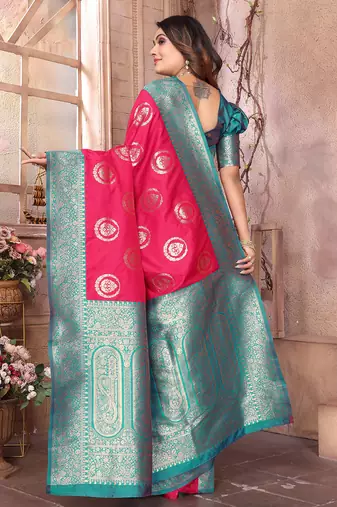 hot pink soft silk blend banarasi zari woven saree