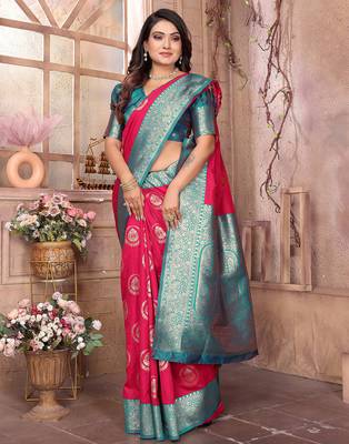 hot pink soft silk blend banarasi zari woven saree 5