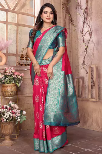 hot pink soft silk blend banarasi zari woven saree