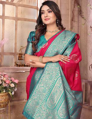 hot pink soft silk blend banarasi zari woven saree 6