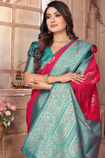 hot pink soft silk blend banarasi zari woven saree