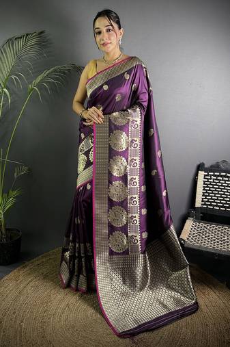 wine soft lichi silk blend  golden zari paisley banarasi saree