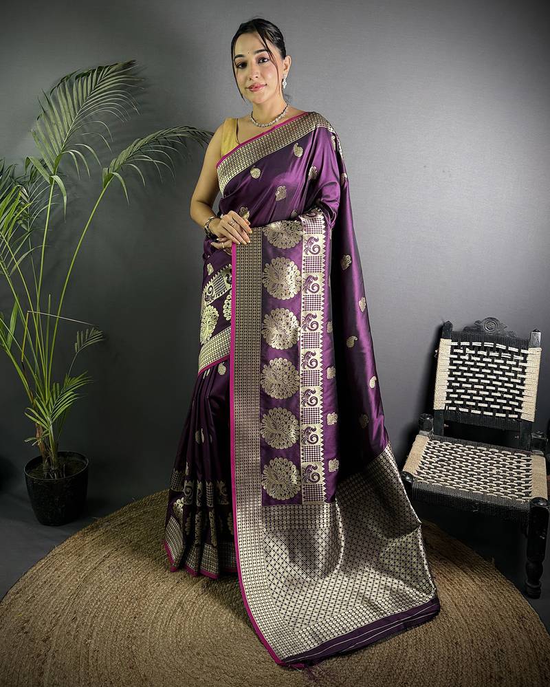 wine soft lichi silk blend  golden zari paisley banarasi saree