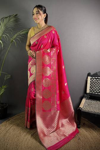 hot pink soft lichi silk blend  golden zari paisley banarasi saree