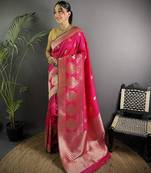 hot pink soft lichi silk blend  golden zari paisley banarasi saree