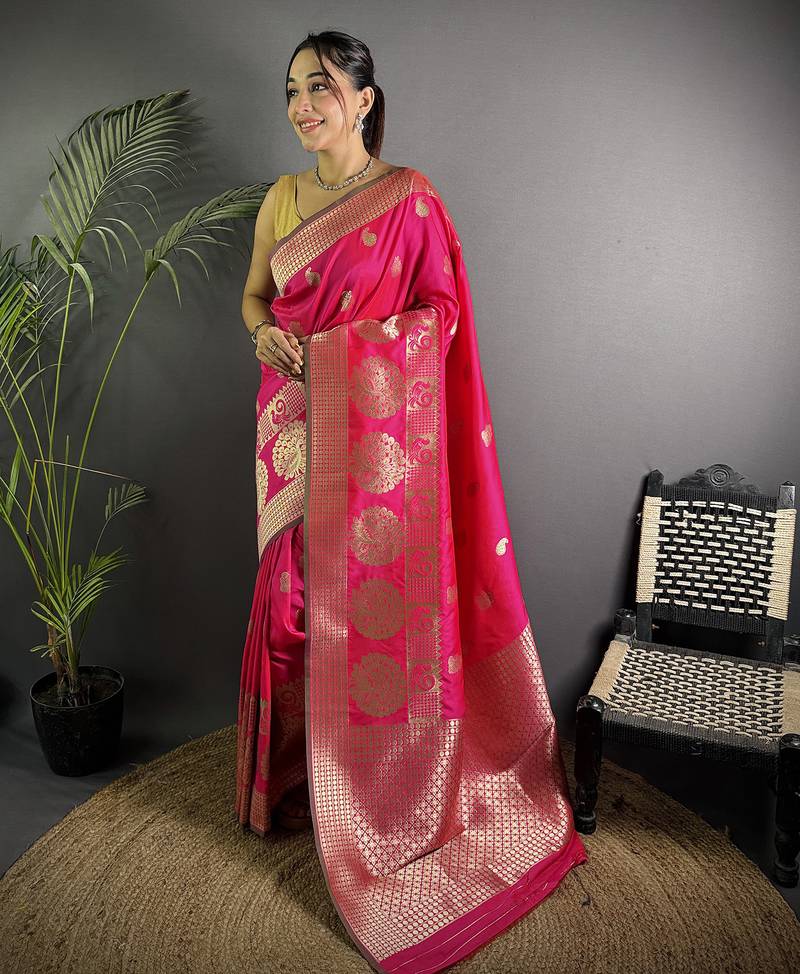 hot pink soft lichi silk blend  golden zari paisley banarasi saree