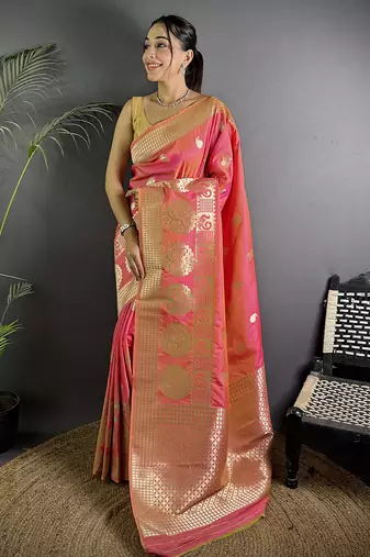 light pink soft lichi silk blend  golden zari paisley banarasi saree