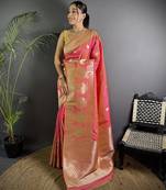 light pink soft lichi silk blend  golden zari paisley banarasi saree