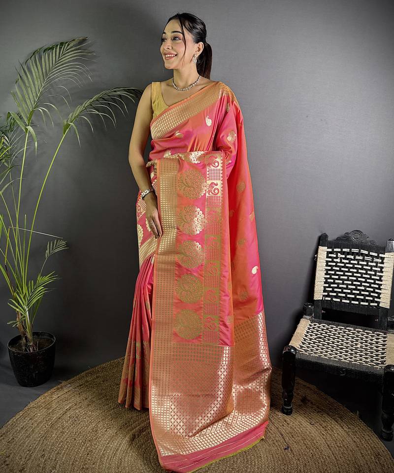 light pink soft lichi silk blend  golden zari paisley banarasi saree