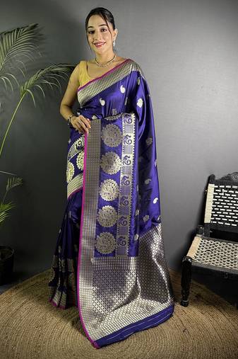 purple soft lichi silk blend  golden zari paisley banarasi saree