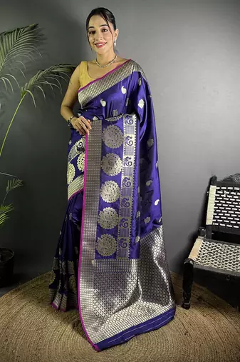 purple soft lichi silk blend  golden zari paisley banarasi saree