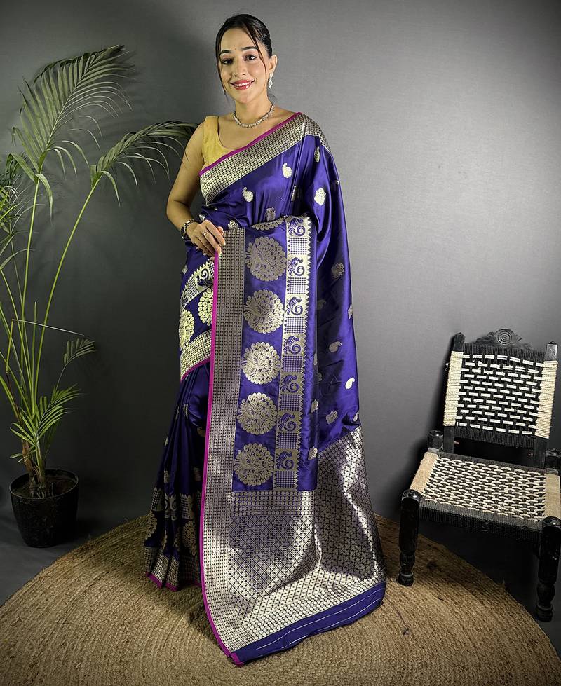 purple soft lichi silk blend  golden zari paisley banarasi saree