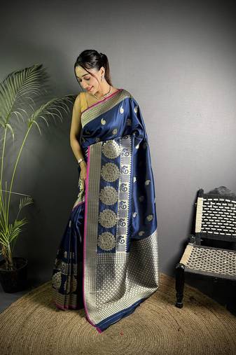 navy blue soft lichi silk blend  golden zari paisley banarasi saree