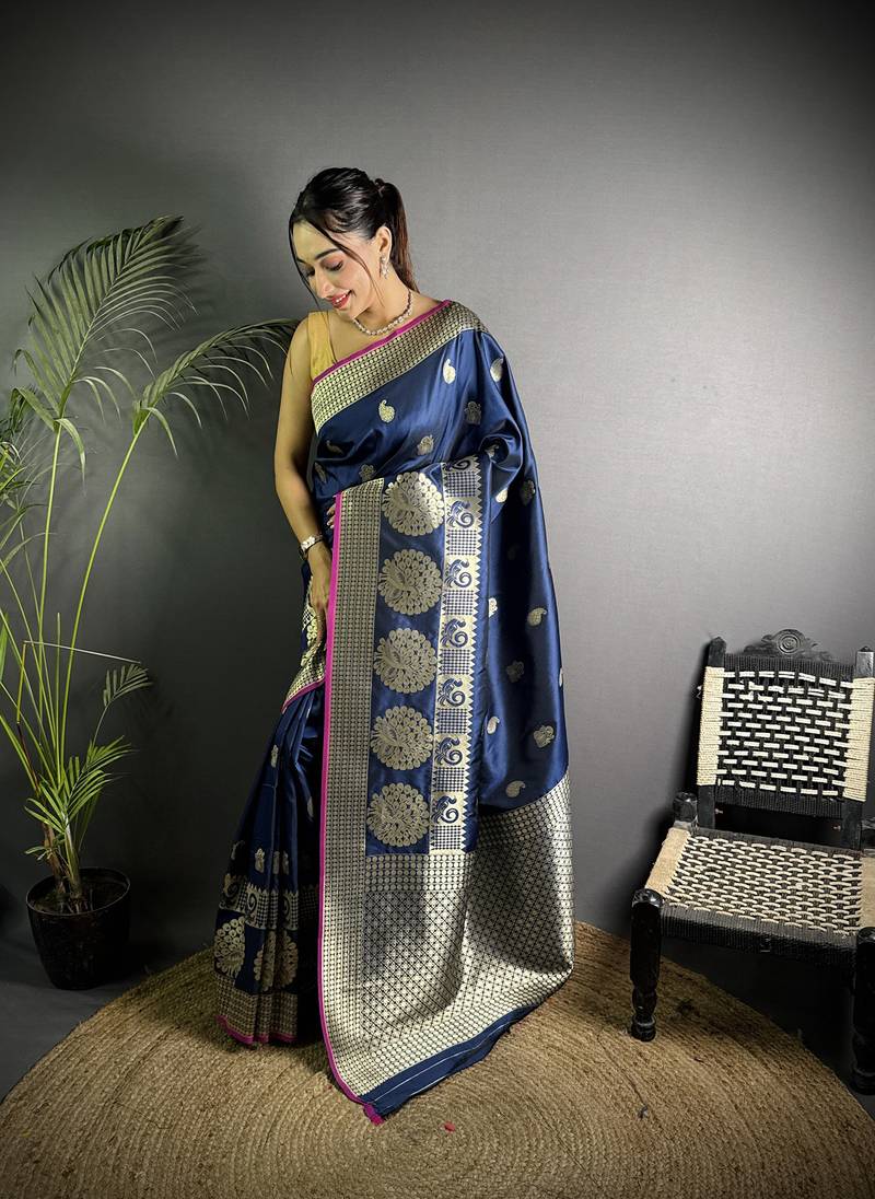 navy blue soft lichi silk blend  golden zari paisley banarasi saree