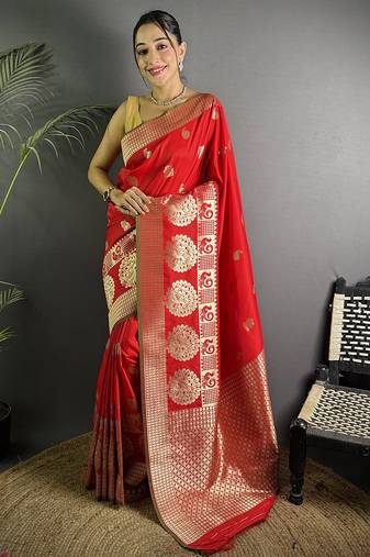 red soft lichi silk blend  golden zari paisley banarasi saree