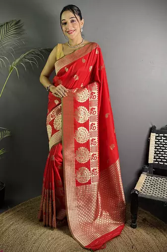 red soft lichi silk blend  golden zari paisley banarasi saree