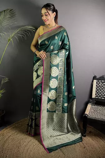 dark green soft lichi silk blend  golden zari paisley banarasi saree
