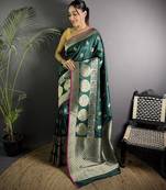 dark green soft lichi silk blend  golden zari paisley banarasi saree