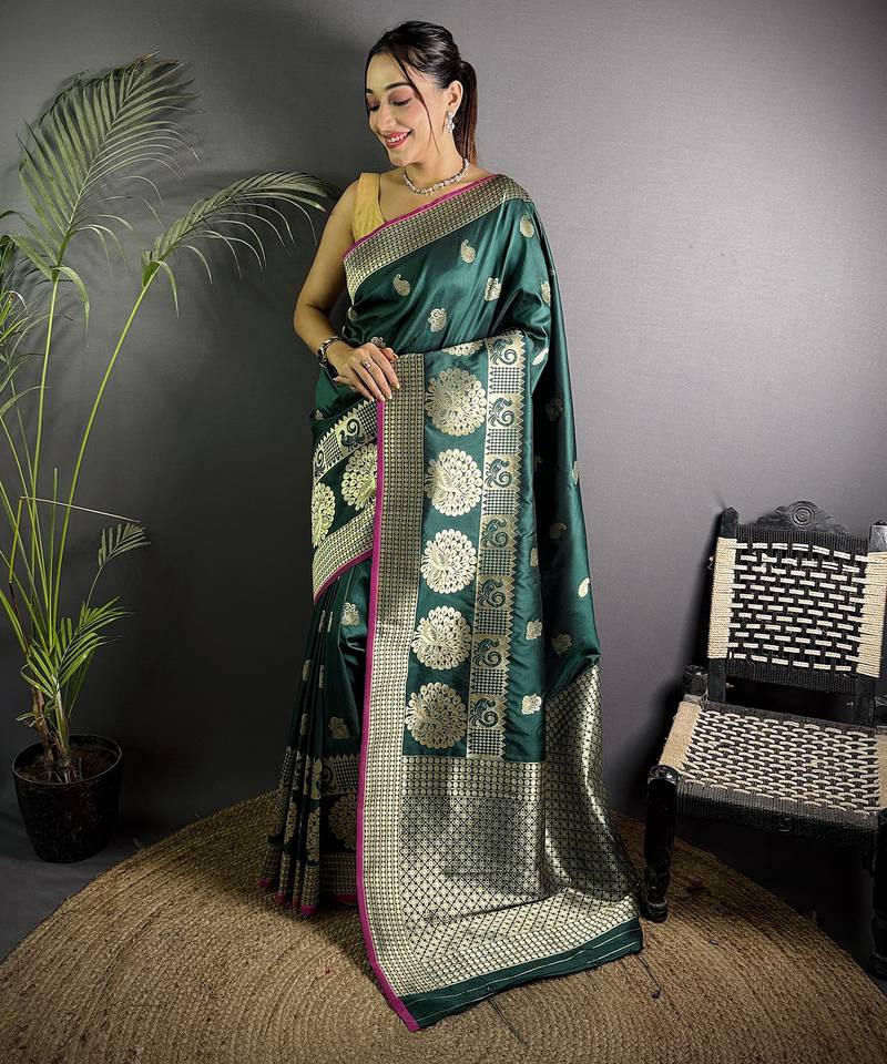 dark green soft lichi silk blend  golden zari paisley banarasi saree