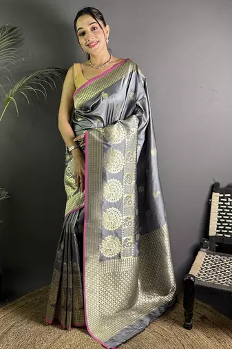dark grey soft lichi silk blend  golden zari paisley banarasi saree