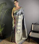 dark grey soft lichi silk blend  golden zari paisley banarasi saree