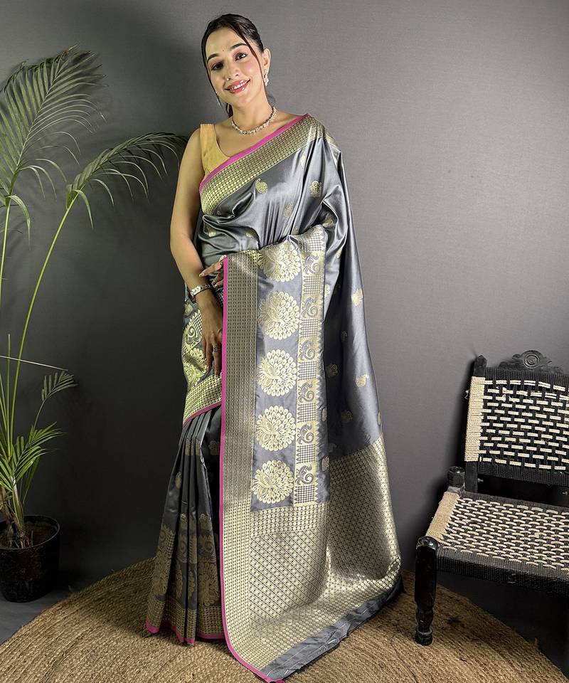 dark grey soft lichi silk blend  golden zari paisley banarasi saree
