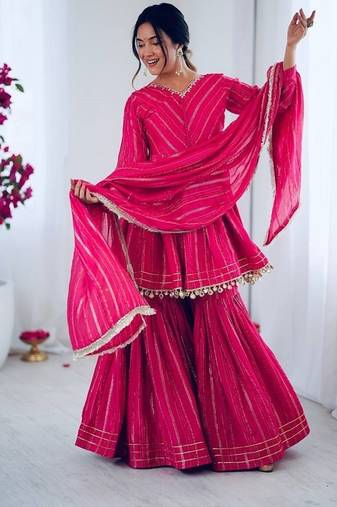 Ranipink mal chanderi with mirror & hand work sharara suit