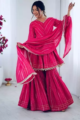 Ranipink mal chanderi with mirror & hand work sharara suit