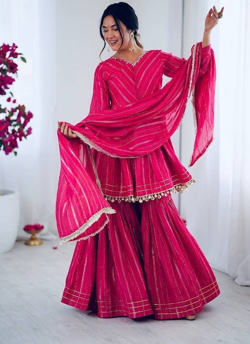Ranipink mal chanderi with mirror & hand work sharara suit