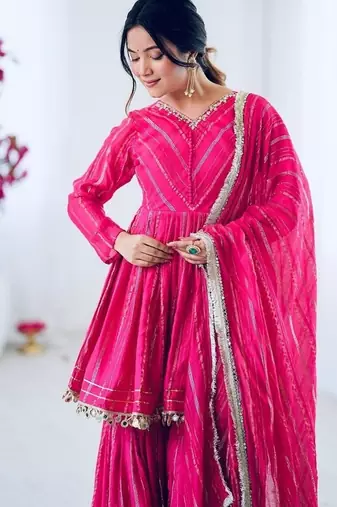 Ranipink mal chanderi with mirror & hand work sharara suit