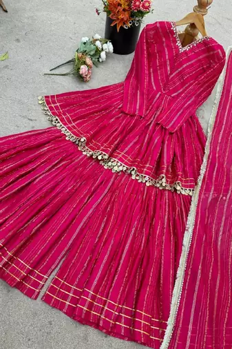 Ranipink mal chanderi with mirror & hand work sharara suit
