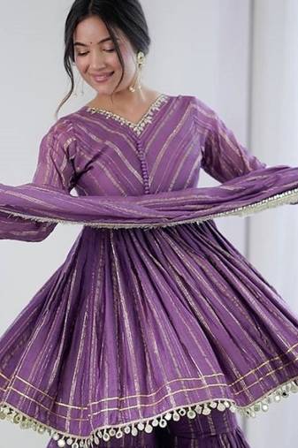 Lavender mal chanderi with mirror & hand work sharara suit