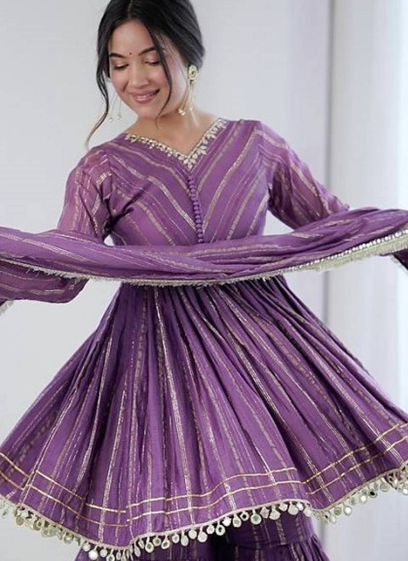 Lavender mal chanderi with mirror & hand work sharara suit
