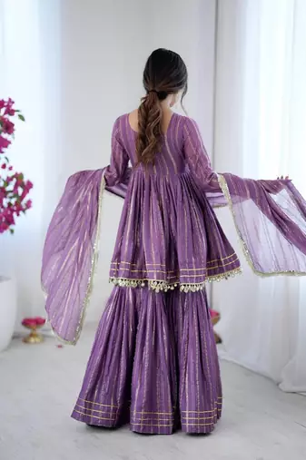 Lavender mal chanderi with mirror & hand work sharara suit