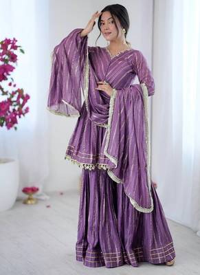 Lavender mal chanderi with mirror & hand work sharara suit 3