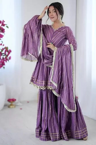 Lavender mal chanderi with mirror & hand work sharara suit