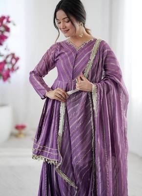 Lavender mal chanderi with mirror & hand work sharara suit 4