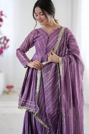 Lavender mal chanderi with mirror & hand work sharara suit
