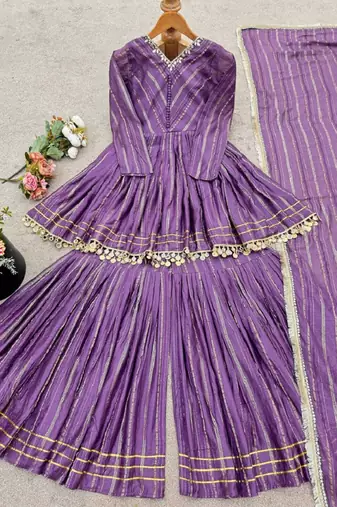 Lavender mal chanderi with mirror & hand work sharara suit