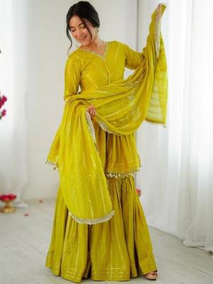 Yellow mal chanderi with mirror & hand work sharara suit 1