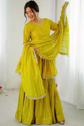 Yellow mal chanderi with mirror & hand work sharara suit