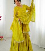 Yellow mal chanderi with mirror & hand work sharara suit