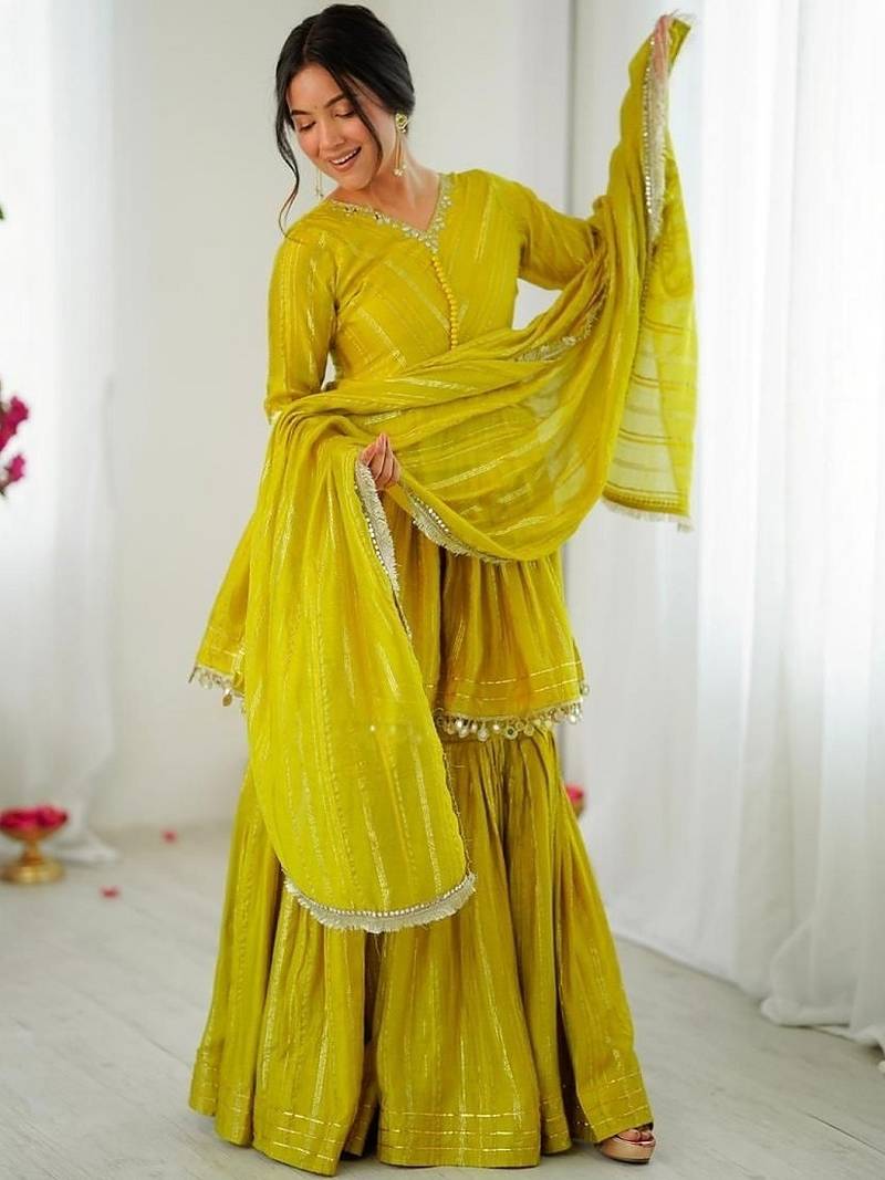 Yellow mal chanderi with mirror & hand work sharara suit