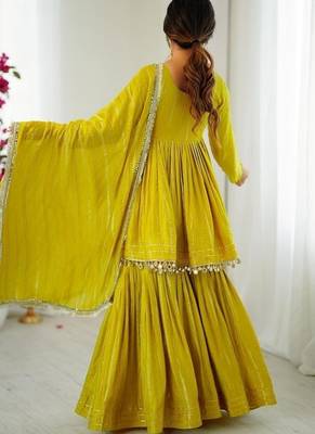 Yellow mal chanderi with mirror & hand work sharara suit 2