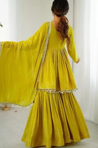 Yellow mal chanderi with mirror & hand work sharara suit